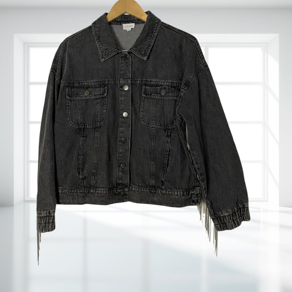 Le Lis Tassel Denim Jacket M | Black Wash Rhinestone Chain Fringe Cotton Western - Picture 9 of 16